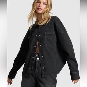 PINK Victoria’s Secret Black Denim diamante light Jacket shacket snap Button